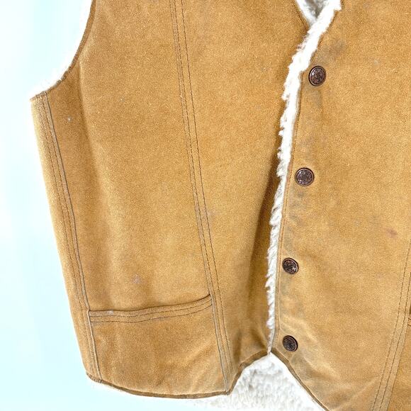 Steer Brand Mens Suede Leather Vest L Sherpa Lining Tan Western Camp Farm Work - Picture 4 of 5